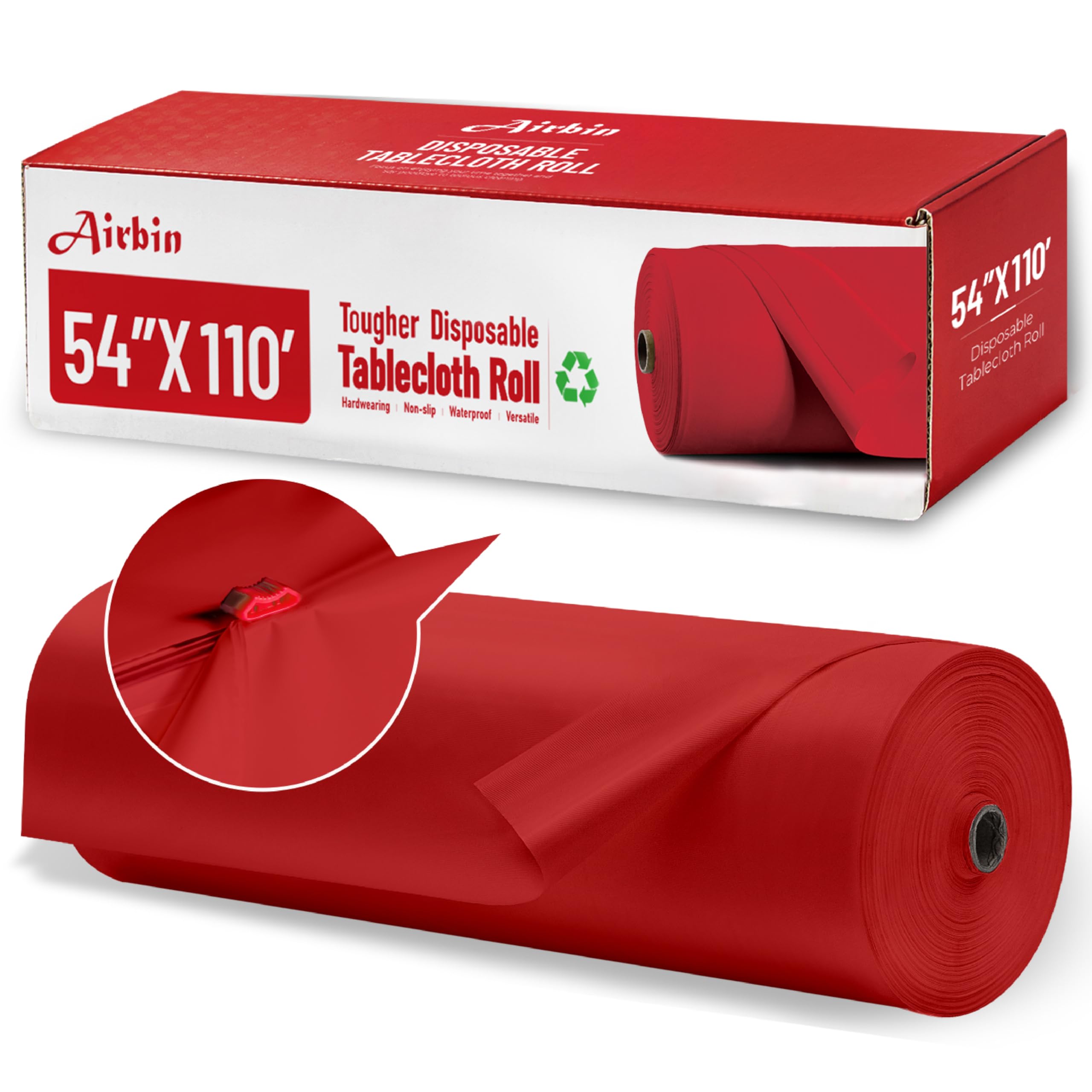 Airbin Plastic Table Cloth, 110 Ft X 54 in Disposable Tablecloth Red Tablecloth Premium PEVA Plastic Table Cloth Disposable with Any Cut Sliding