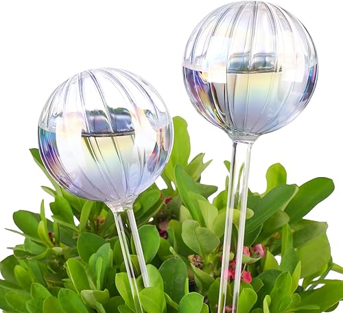 NiHome Paquete de 2 bombillas de riego automático para plantas de vidrio, cubo de agua iridiscente azul, patrón geométrico, molecular, bombillas de
