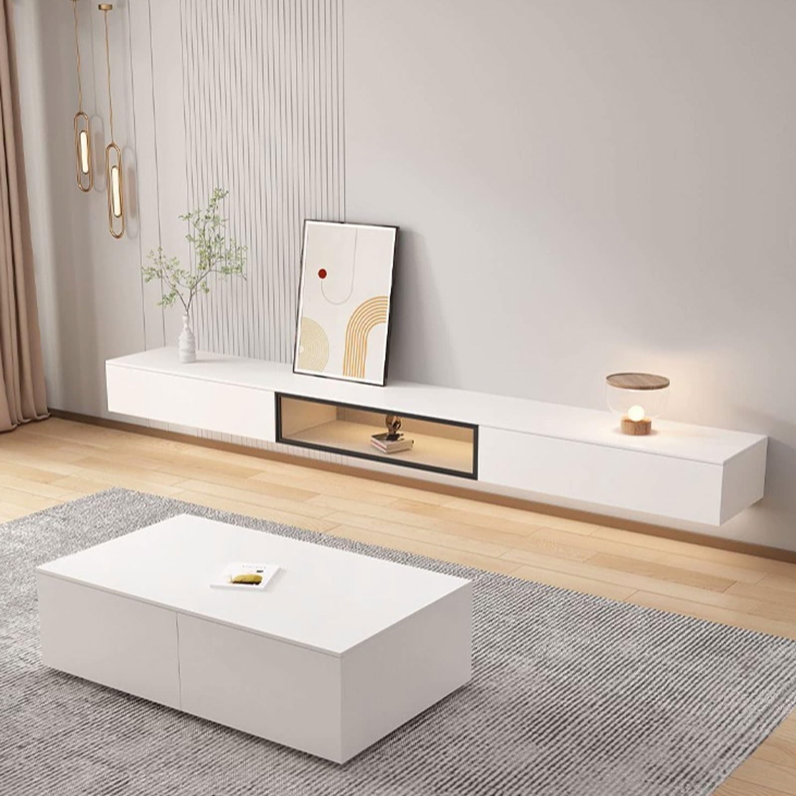 Modulo TV Soporte flotante simple y moderno for TV montado en la pared con puerta abatible de vidrio y cajones, centro de entretenimiento moderno de alto brillo de 78,7 ''/86,6 '' for debajo del telev