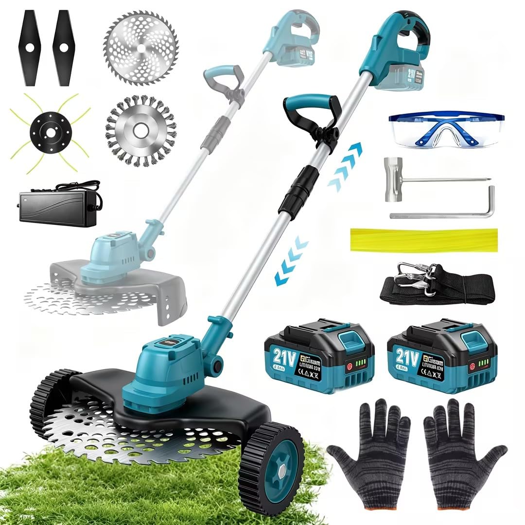 Débroussailleuse Électrique sans Fil 4-en-1 avec 2 Batteries 4,0 Ah, Moteur sans Balais, Coupe Bordure sans Fil avec 4 Types Lames Efficace, Tête Pivotante 90° pour Tondre Le Gazon