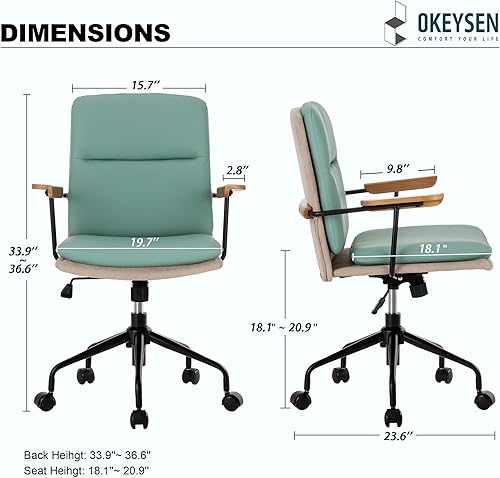 Miniatura 2 de Okeysen Silla de oficina moderna de mediados de siglo, silla de escritorio de cuero moderna con reposabrazos de madera y soporte lumbar, sillas de