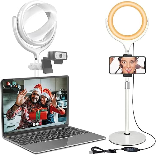 Computer Ring Light with Stand for Desk - 8'' Desktop Circle Light Ring for Video Conference Lighting, Laptop Webcam Light for Zoom Meeting Video Calls Home Office Remote Work - White
