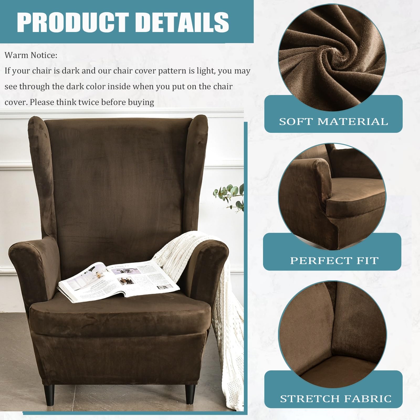 Wingback Chair Covers, Wing Chair Cover 2 Piece Armchair Slipcover, Velvet Wingback Sofa Chair Slipcover Furniture Protector for Living Room Bedroom(Brown)