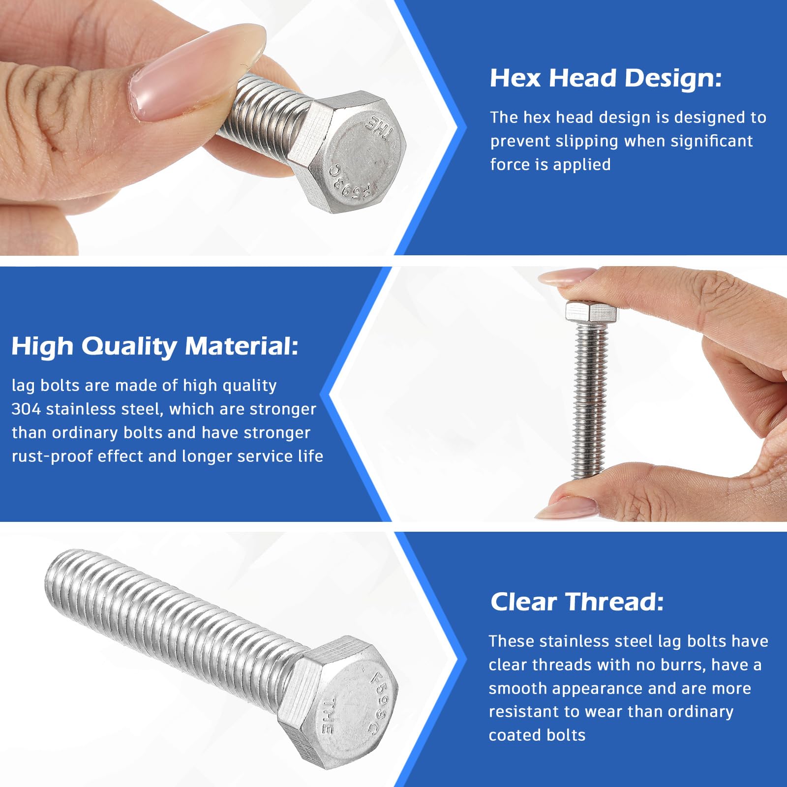 Zonon 50 bulloni a testa esagonale da 3/8-16 x 1-1/2", bulloni esagonali in acciaio inox 18-8 (304), completamente filettati, finitura liscia, azionamento esagonale esterno (argento)