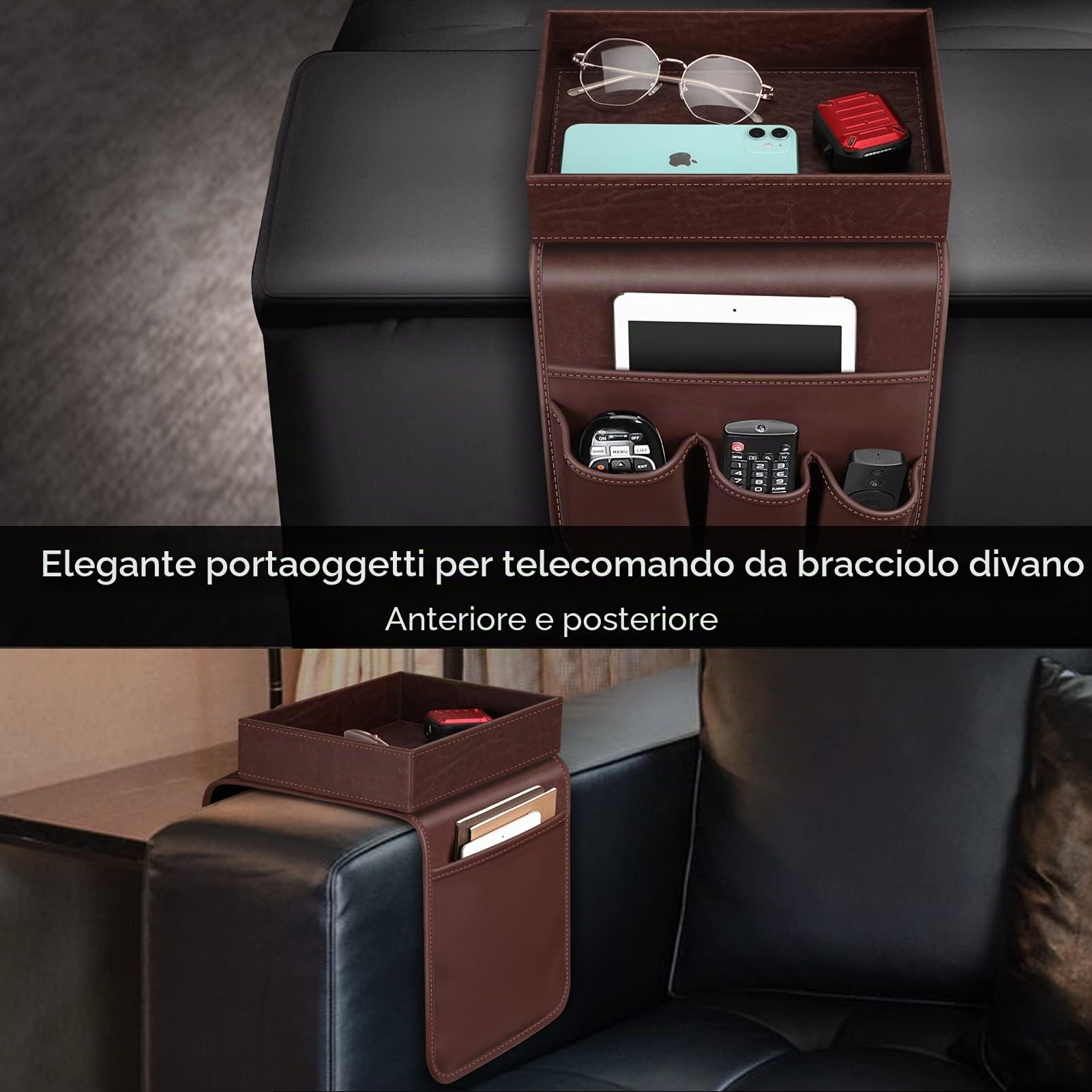 SITHON Organizer per Bracciolo Divano con Vassoio Rimovibile, [Antiscivolo] Porta Caddy Supporto per Sedia con 5 Tasche, per Telecomando, Telefono, Riviste, Chiavi, Occhiali, (Marrone)