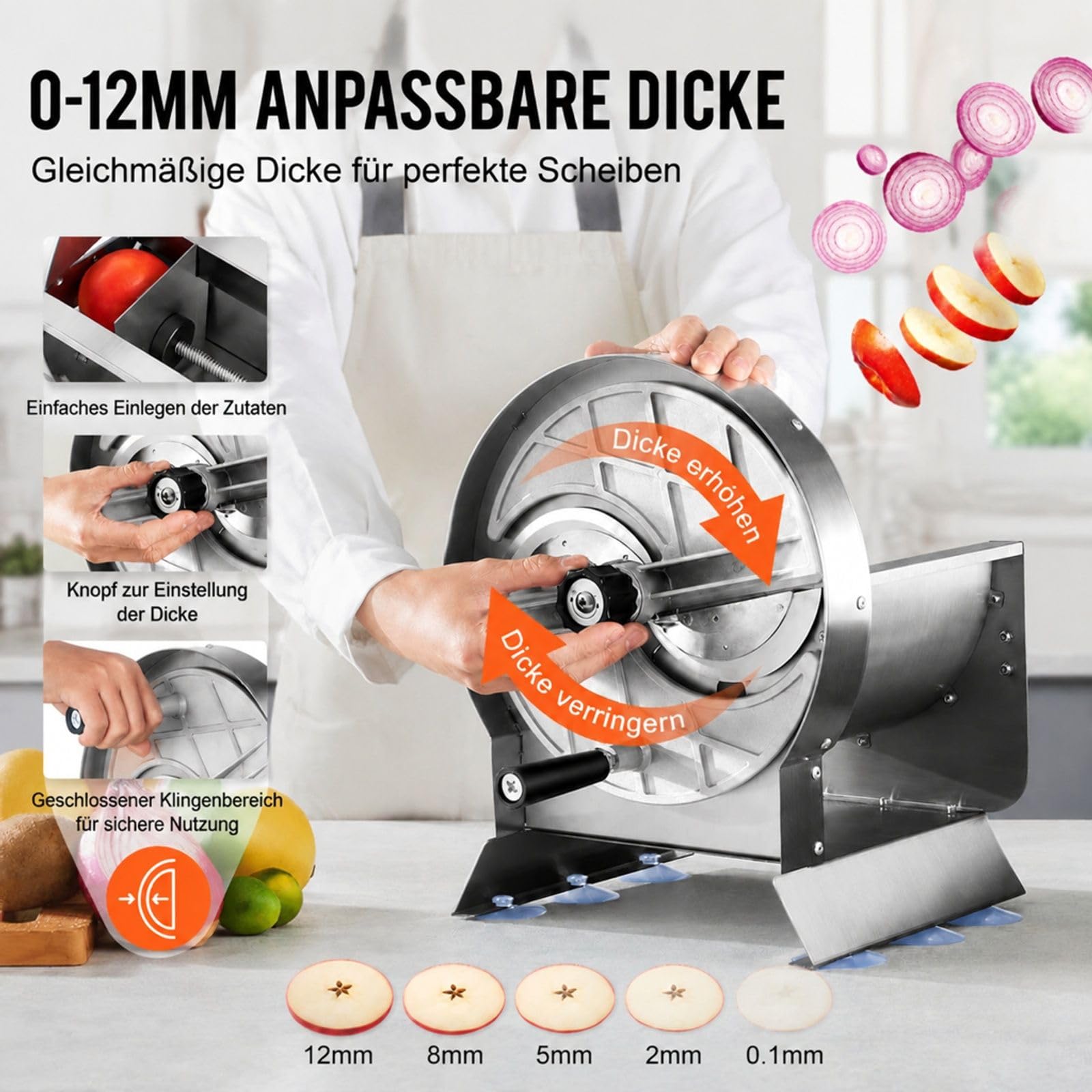Manueller Gemüse- und Obstschneider aus Edelstahl mit 2 Ersatzklingen für Kartoffeln Gurken Zitronen Tomaten