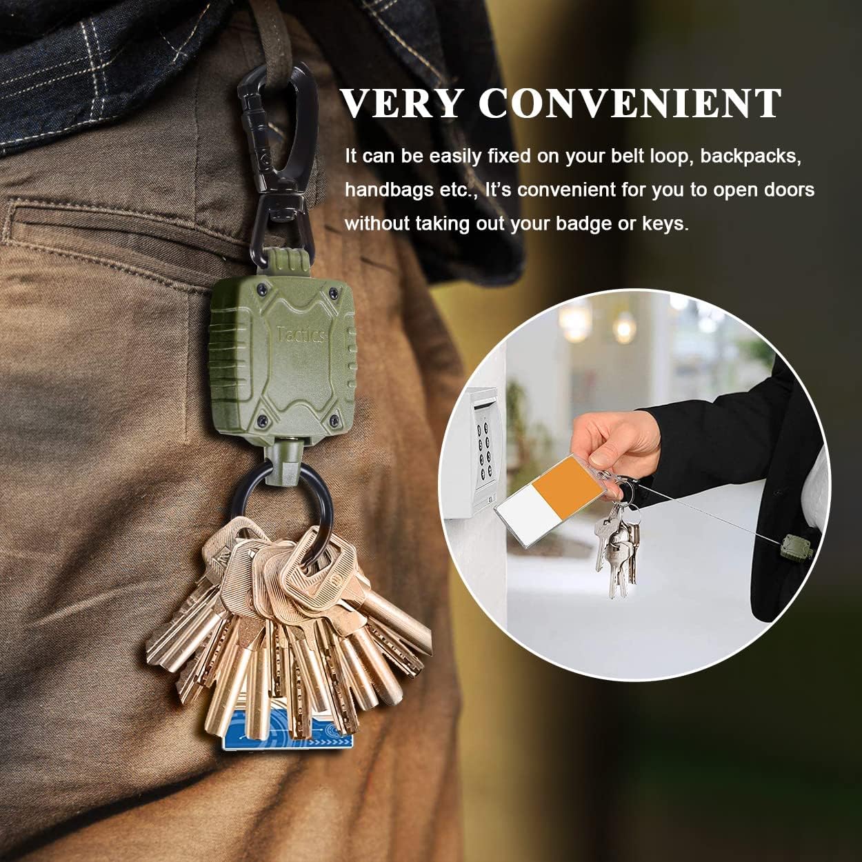高耐久カラビナ格納式キーチェーン、ベルトクリップ付き格納式IDバッジリール、タクティカル格納式バッジホルダー、32インチコード付き、