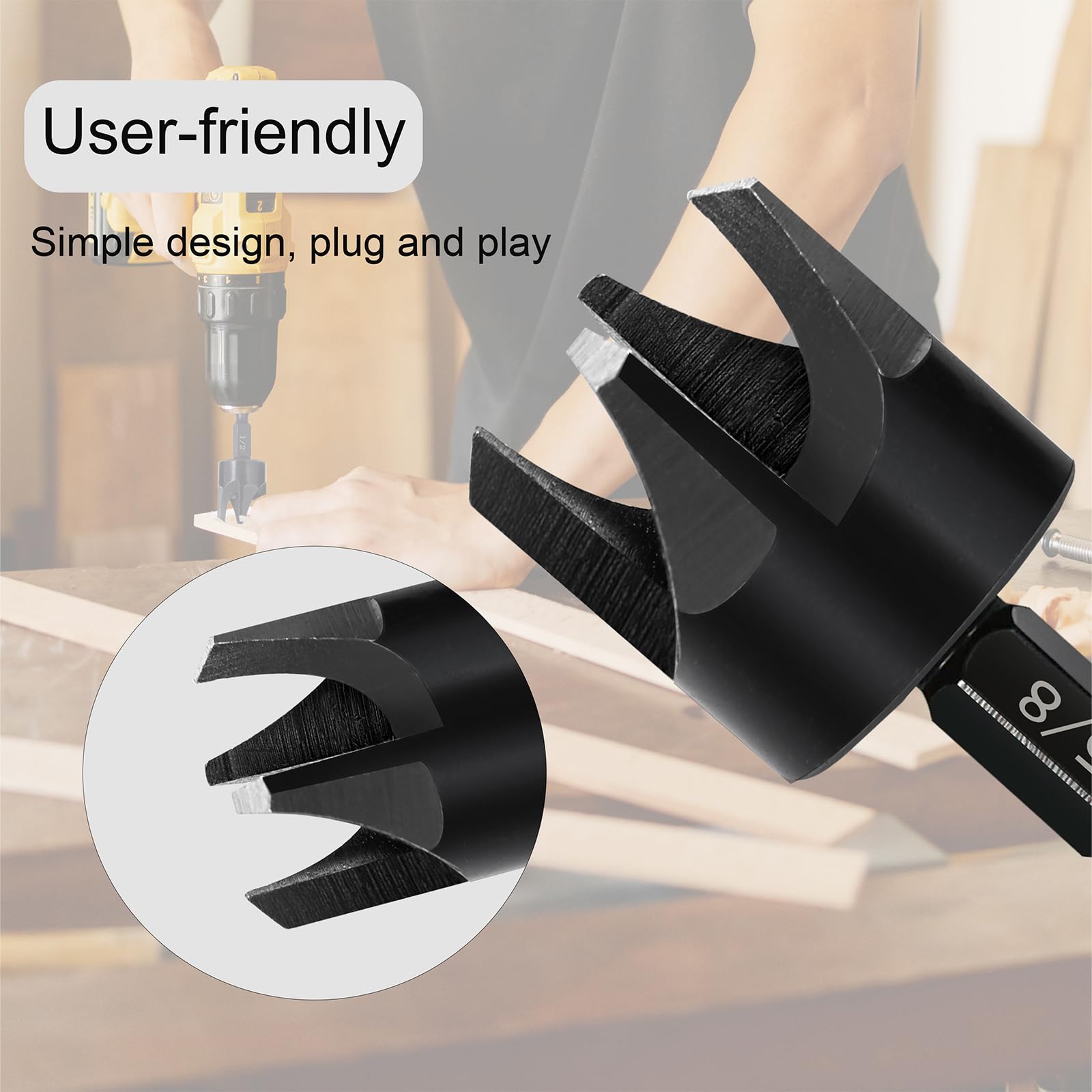 8 Pieces Black Wood Plug Cutter Drill Bit Set, Durable Plug Cutter, Straight and Tapered Plug Drill Bits 1/4", 5/8", 3/8", 1/2" with 1/4 Inch Hex Shank, Cutting Tool for Wood — Amazon image 4