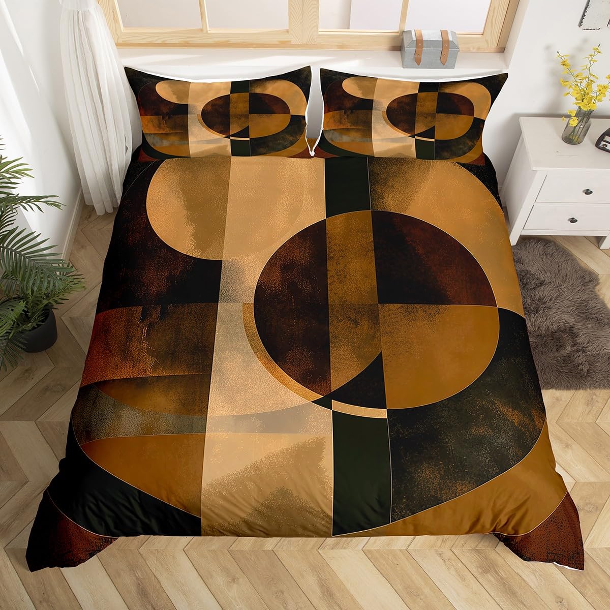 Geometry Decorative Queen Duvet Cover for Kids Boys,Abstract Line Circle Art Print Bedding Set with 2 Pillowcases Comforter Cover,Oil Painting Style Bed Spread Quilt Cover 3pcs,Modern