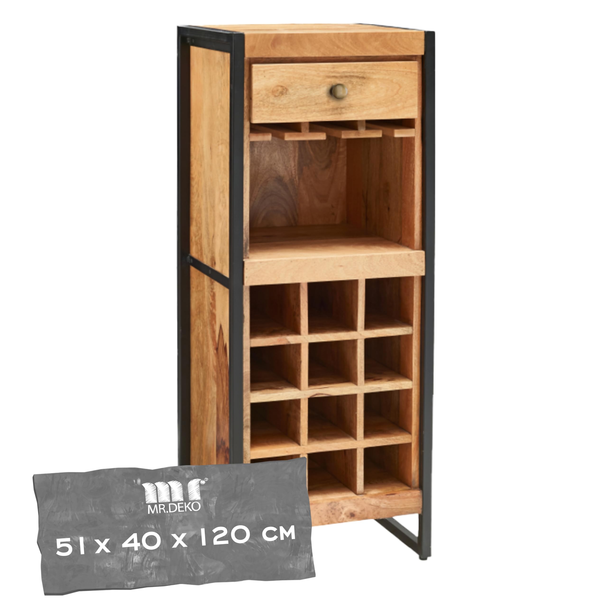 MR. DEKO® Exklusive Wein Kommode aus Mango Holz | Weinschrank mit Stauraum & Hängeeinsatz | Industrial Look Bar Regal | (Wein) Flaschen-Regal für 12 Flaschen | Vintage Design | 51x40x120cm