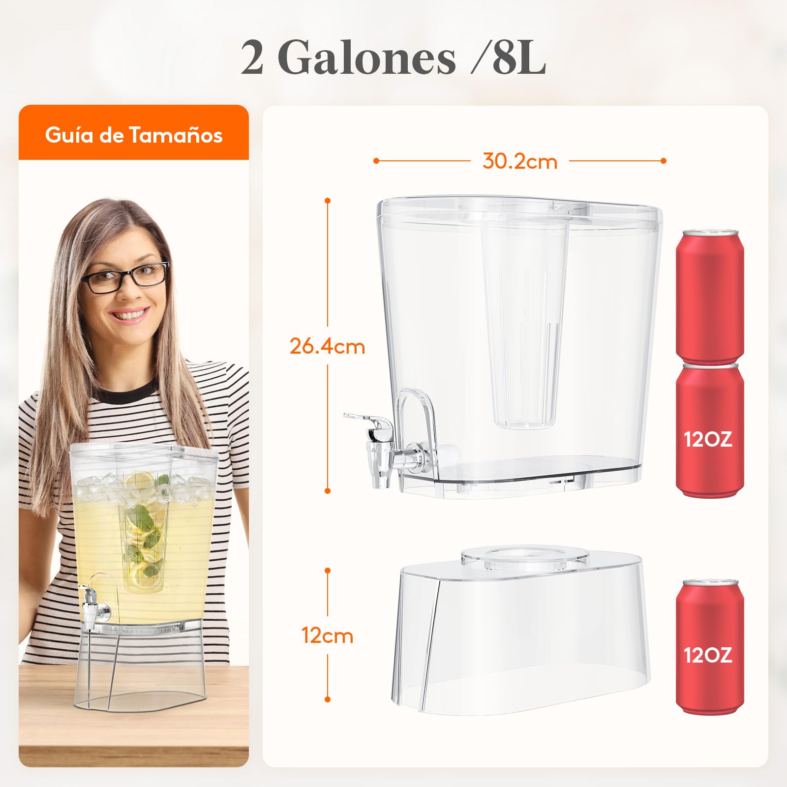 Lifewit 8L Grande Dispensador de Bebidas con Grifo, Dispensador Bebida de Plástico con Filtro y Letreros Borrables, Jarra Agua para Cócteles,Jugos, Limonada y Té, 30 x 38 cm, Juego de 2 (en 1 Paquete)