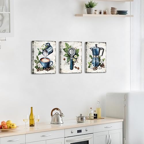 Miniatura 2 de KREATIVE ARTS Juego de 3 arte vintage de pared Caffe Tamper, póster para cafetera Moka Pot con arte moderno de flores y granos de café para cocina,