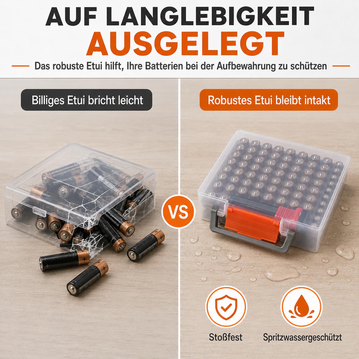 FULLCASE Battery Organizer, Batteriebox mit Tester, Batterie-Aufbewahrungsbox für 34 AA-/30 AAA-Batterien, kompakter Batteriehalter aus Kunststoff für Küchenschublade, Werkzeugkasten und Camping-Set