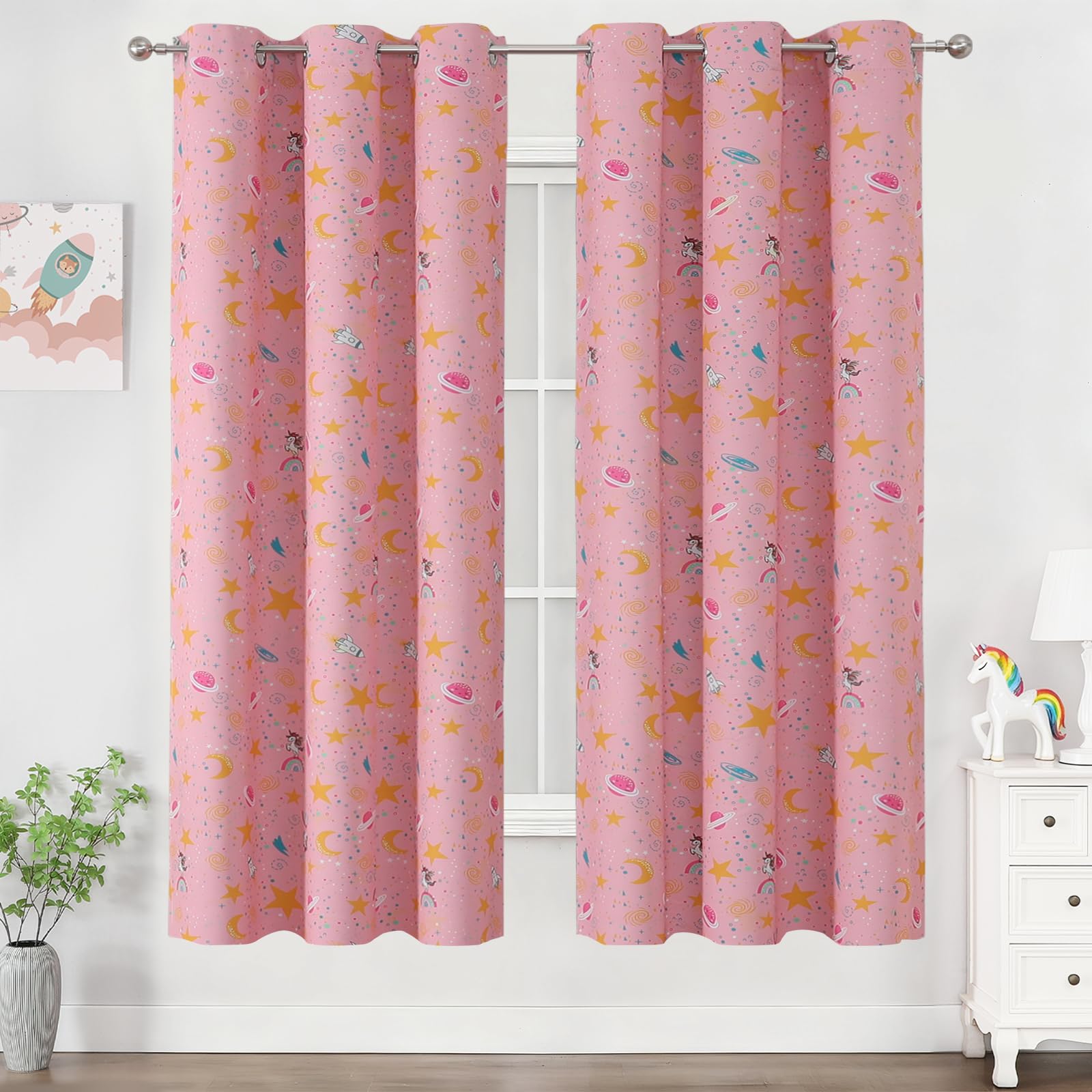 VEHEDE Pink Unicorn Blackout Curtains for Kids Room Princess Style Eyelet Curtain Cartoon Star Prints Thermal Insulated Darkening Window Treatments Drapes