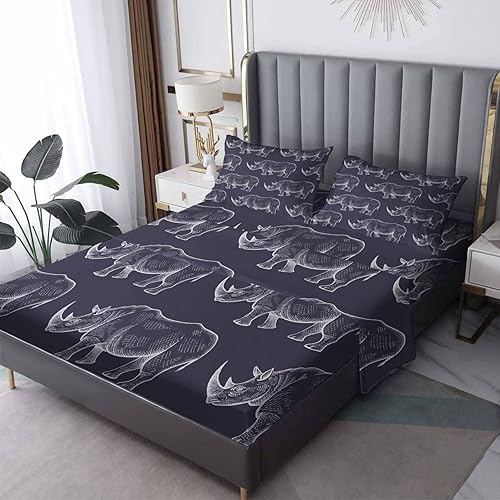 Rhino Sheets - Sábanas de cama de animales de rinoceronte microfibra suave bolsillo profundo sábanas y fundas de almohada con patrón sin arrugas 4