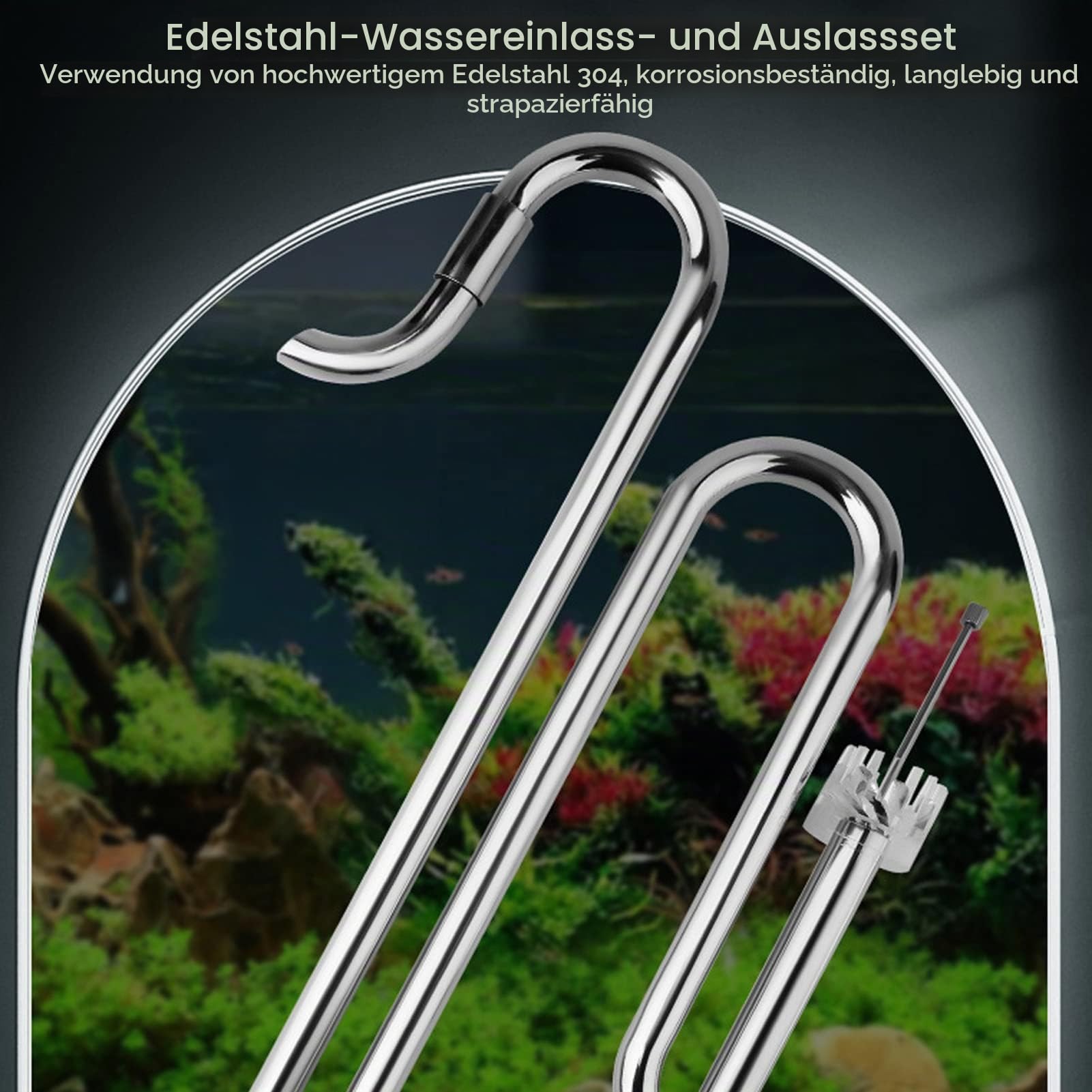 Qcwwy Aquarium Metal Lily Pipe, Edelstahl-Oberflächen-Skimmer-Zufluss-Abfluss-Rohr-Set Entfernt Oberflächen-Schaum-Rohr mit 2 Acryl-Haltern für Bepflanzte Aquarien (16mm/0.63in)