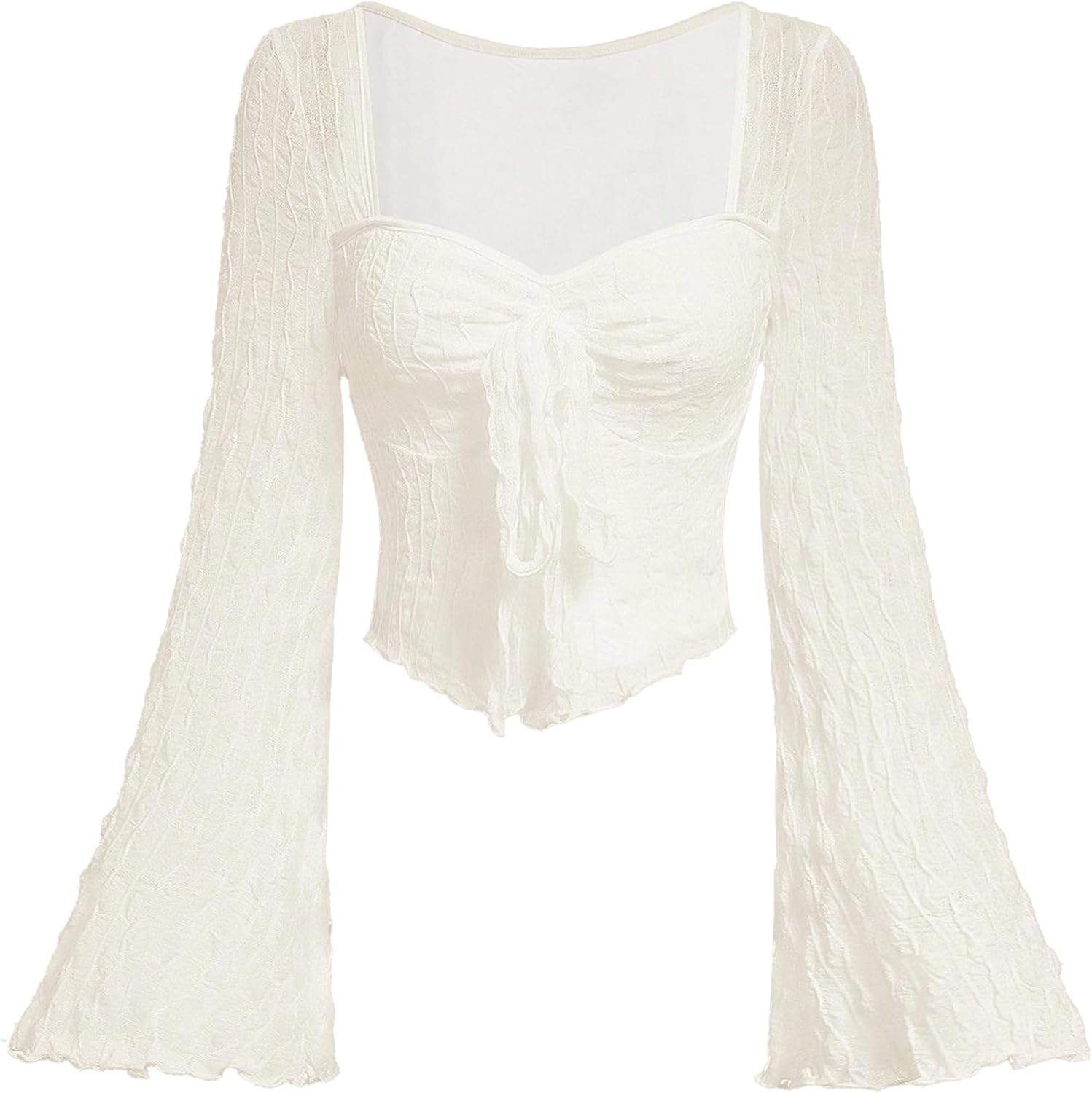 Women's Long Bell Sleeve Tops Mesh Sweetheart Neck Going Out Crop Top Cute Shirts Casual Asymmetrical Tees Trendy