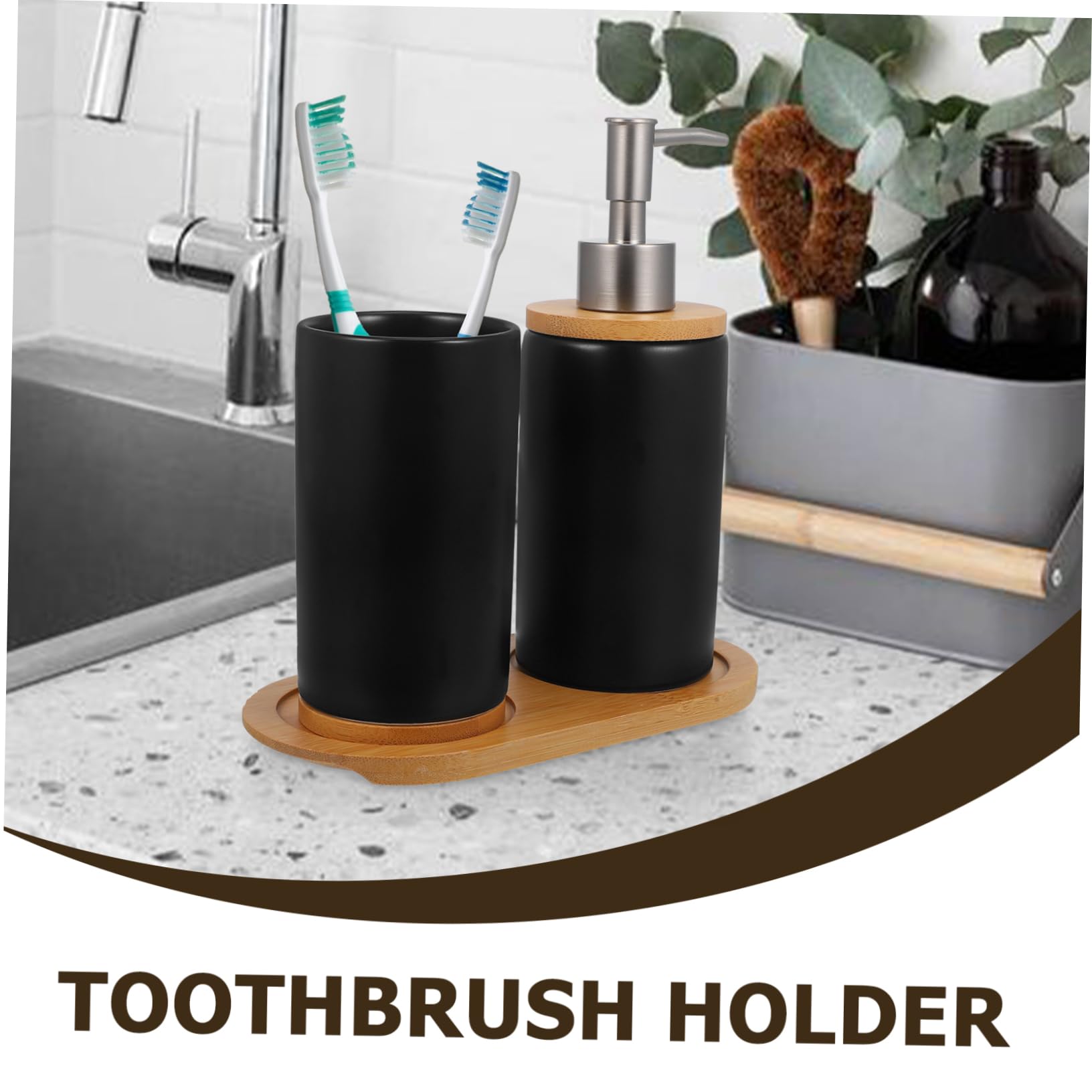 Set Accessori Bagno in Ceramica e Bambù Dispenser Sapone e Bicchiere da 350ml, Design Semplice e Portatile per Bagno e Regali House Warming