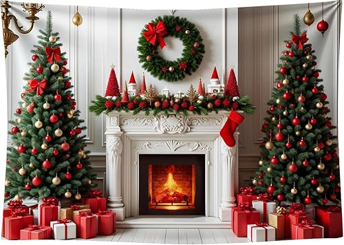 Miniatura 5 de CapiSco Telón de fondo de chimenea de Navidad de 7 x 5 pies, calcetines de árboles de Navidad, cajas de regalo, fondo de fotografía para Navidad,