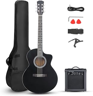 Ktaxon Full Size Acoustic Electric Guitar with 15W Amp, 41 Inch Wood Body Adults Guitars Beginner Kit W/Gig Bag, Strap, Picks & Capo, Black