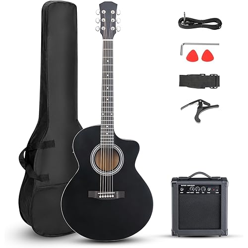 Ktaxon Full Size Acoustic Electric Guitar with 15W Amp, 41 Inch Wood Body Adults Guitars Beginner Kit W/Gig Bag, Strap, Picks & Capo, Black