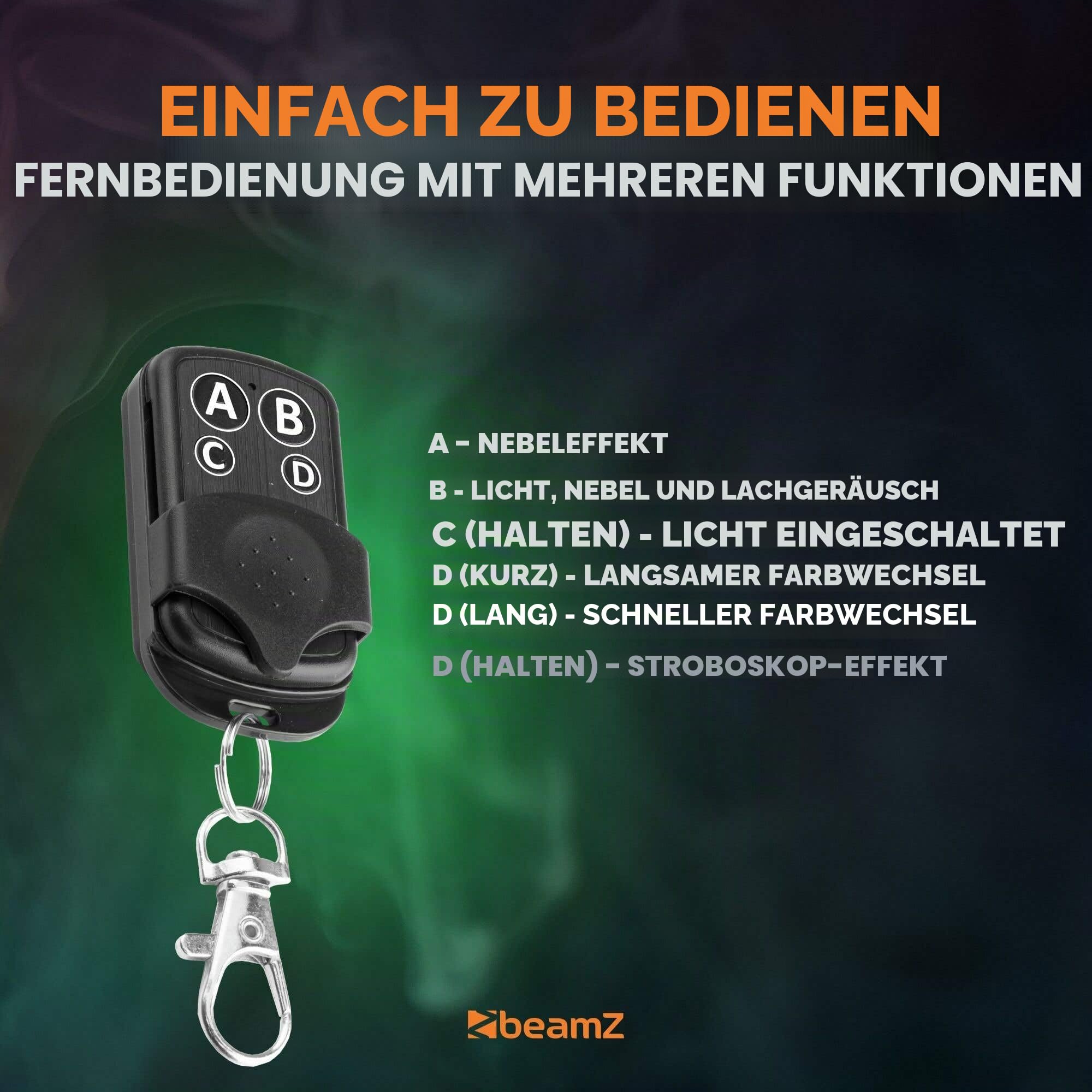 BeamZ S553L Nebelmaschine Halloween Deko mit LED Kürbis Kopf, 550 Watt Rauchmaschine mit Erdbeer Fluid und Reinigungsflüssigkeit, 2-in-1 mit Halloween Kürbis Deko 16 Farben, Soundeffekt