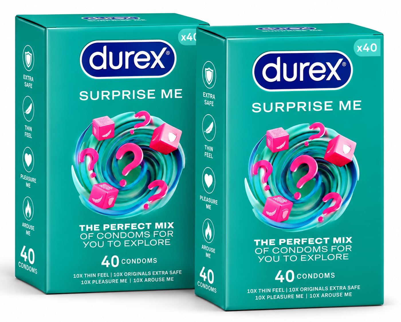 Durex Surprise Me - Paquete variado, 80 condones (40s x 2), ajuste estrecho y regular | Thin Feel, Pleasure Me, Originals Extra Safe, Tickle Me, mezcla ajustada y ajuste regular, mezcla de grosor, paquete variado