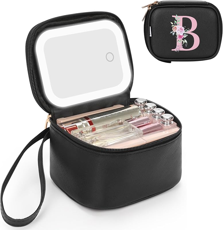 Relavel Bolsa de maquiagem com espelho LED, inicial bordada, modelo B