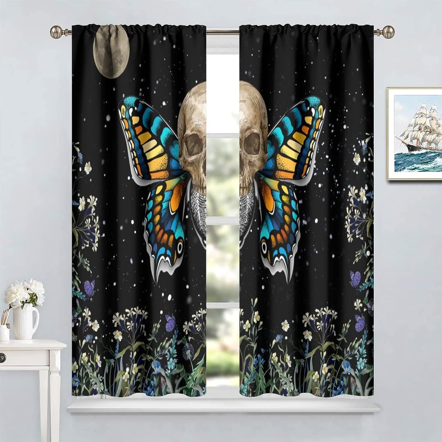 Skull Moth Window Curtains, Galaxy Moon Stars Window Drapes Vintage Boho Flower Butterfly Blackout Rod Pocket Windows Treatments for Bedroom Living Room 55x63in