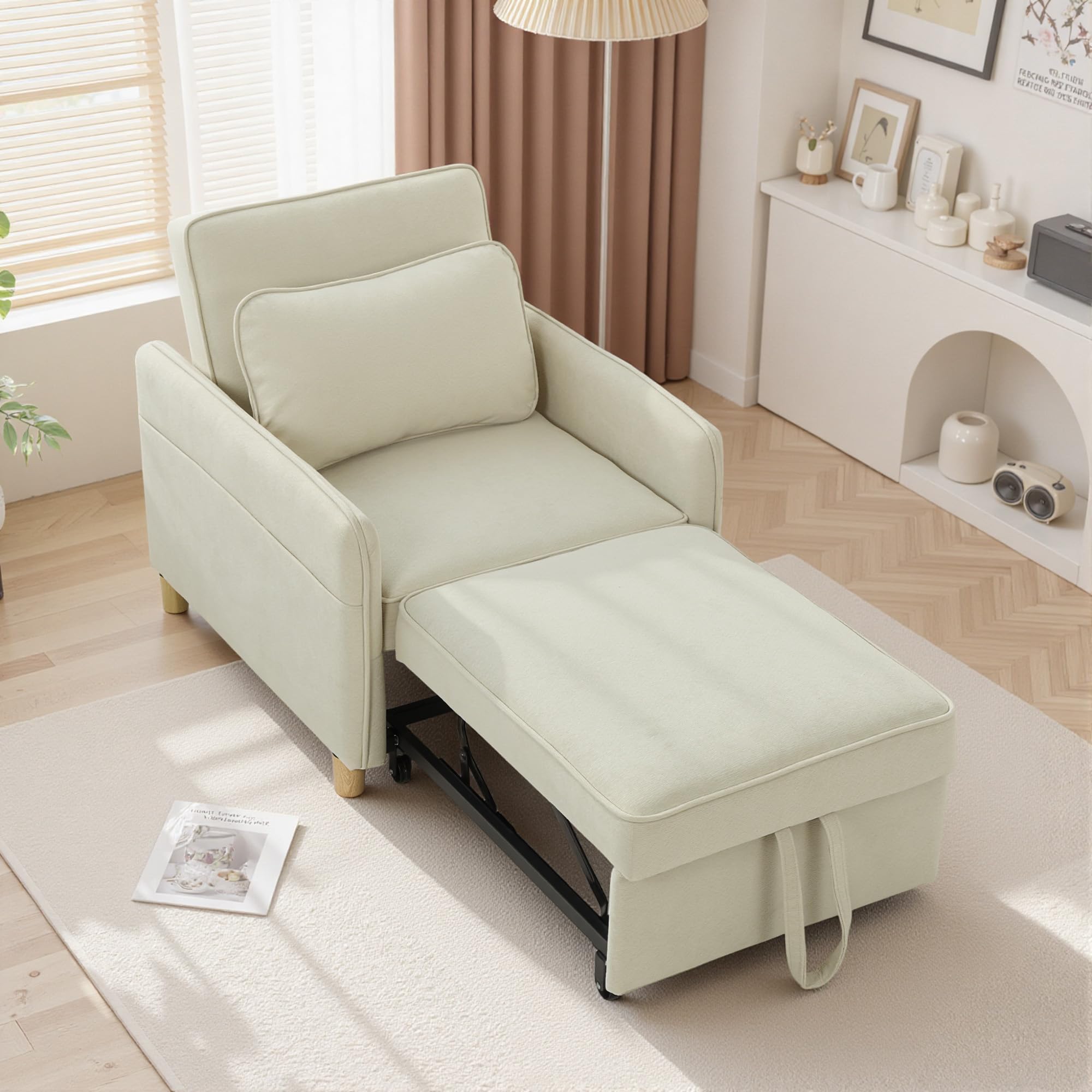 HOMCOM Fotel rozkładany 180x60cm 3 w 1 z funkcją łóżka, szerokie siedzisko, regulowane oparcie, poduszka lędźwiowa, sofa z kieszeniami bocznymi, aksamit kukurydziany do salonu, kolor beżowy