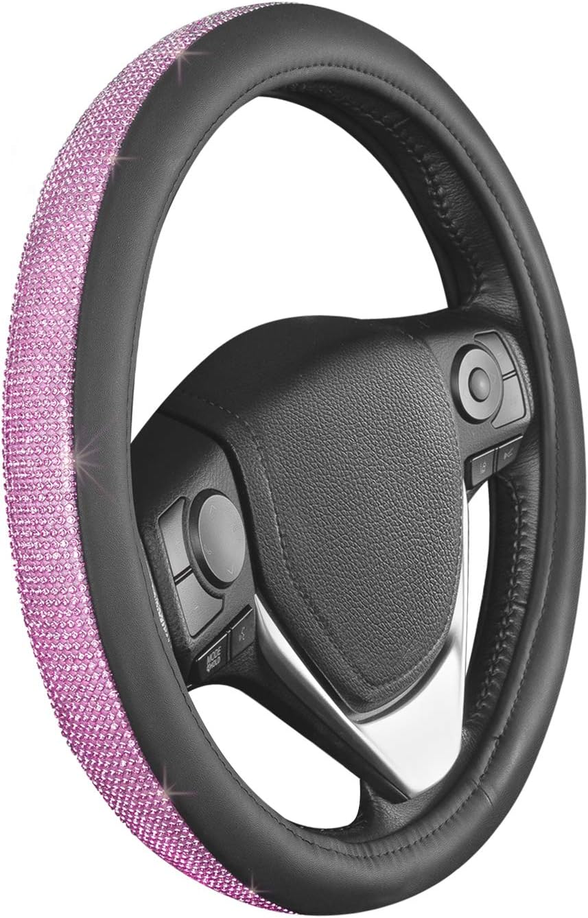 BDK Pink Diamond Crystal Bling Car Steering Wheel Cover with Matching Rhinestone License Plate Frame and Black Diamond Windshield Sunshade – Universal Fit Set for Car Truck Van SUV