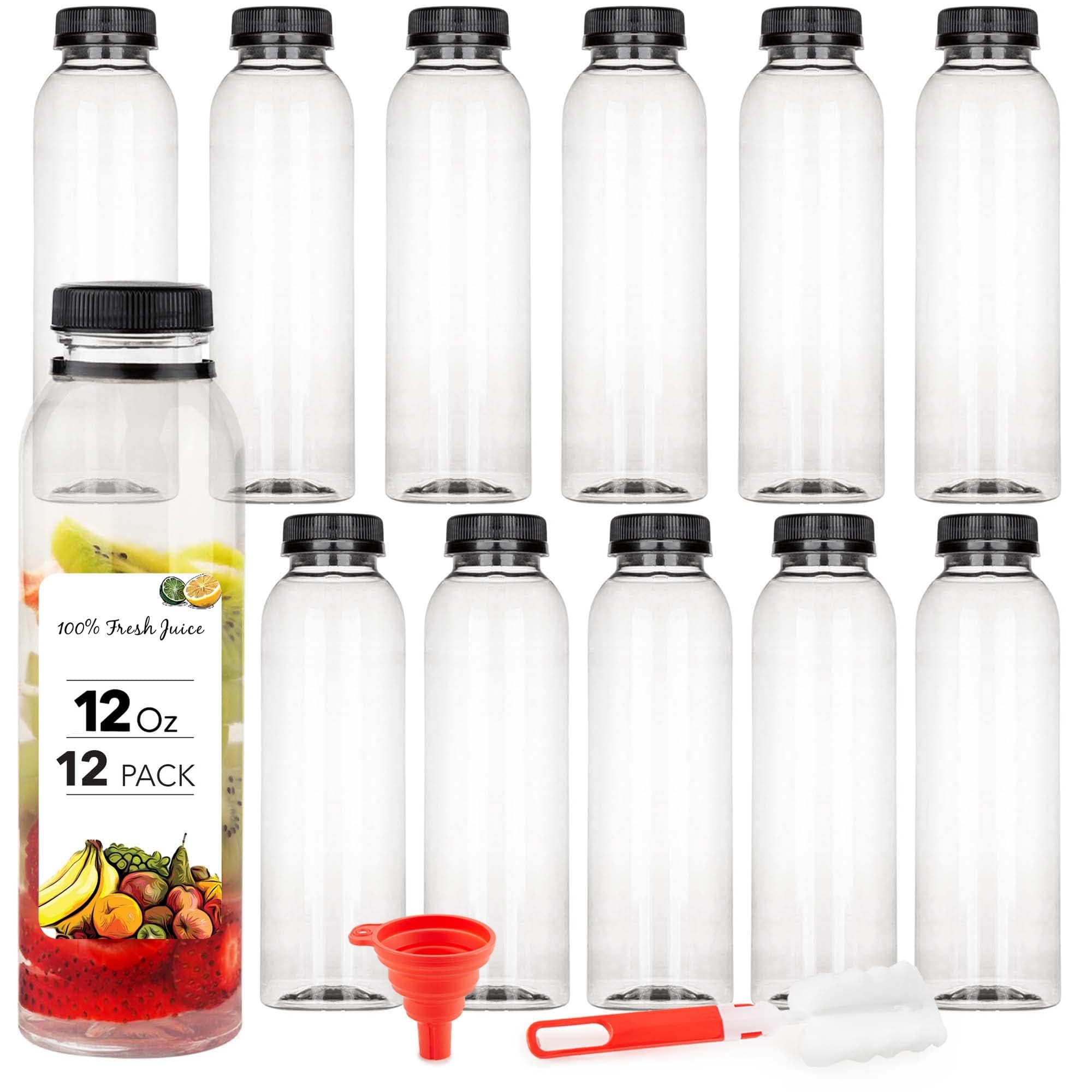 Stock Your Home 12 Oz Round Plastic Bottles with Tamper Proof Caps (12 Pack), Clear Refillable Bottles