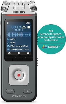 Philips DVT6115 VoiceTracer Voice Recorder 3 HiFi Microphones Optimised for Music Recording Includes Sembly AI Test License: Transcription & AI Summaries