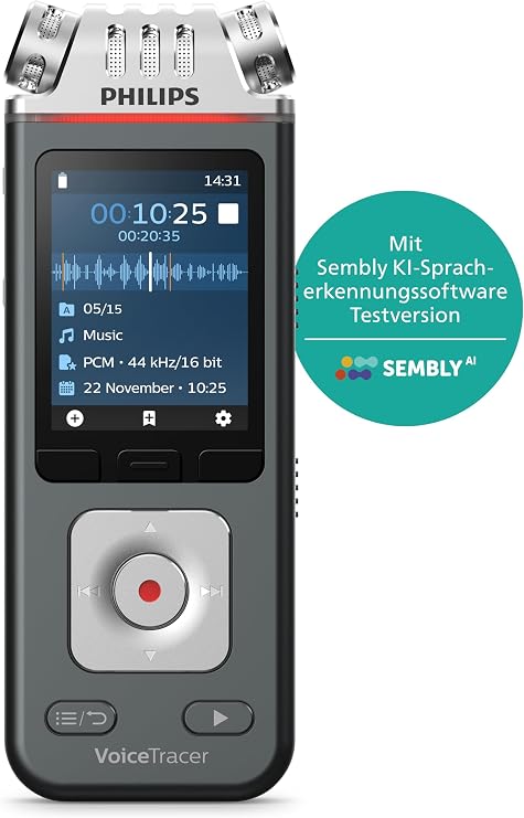Philips DVT6115 VoiceTracer Voice Recorder 3 HiFi Microphones Optimised for Music Recording Includes Sembly AI Test License: Transcription & AI Summaries