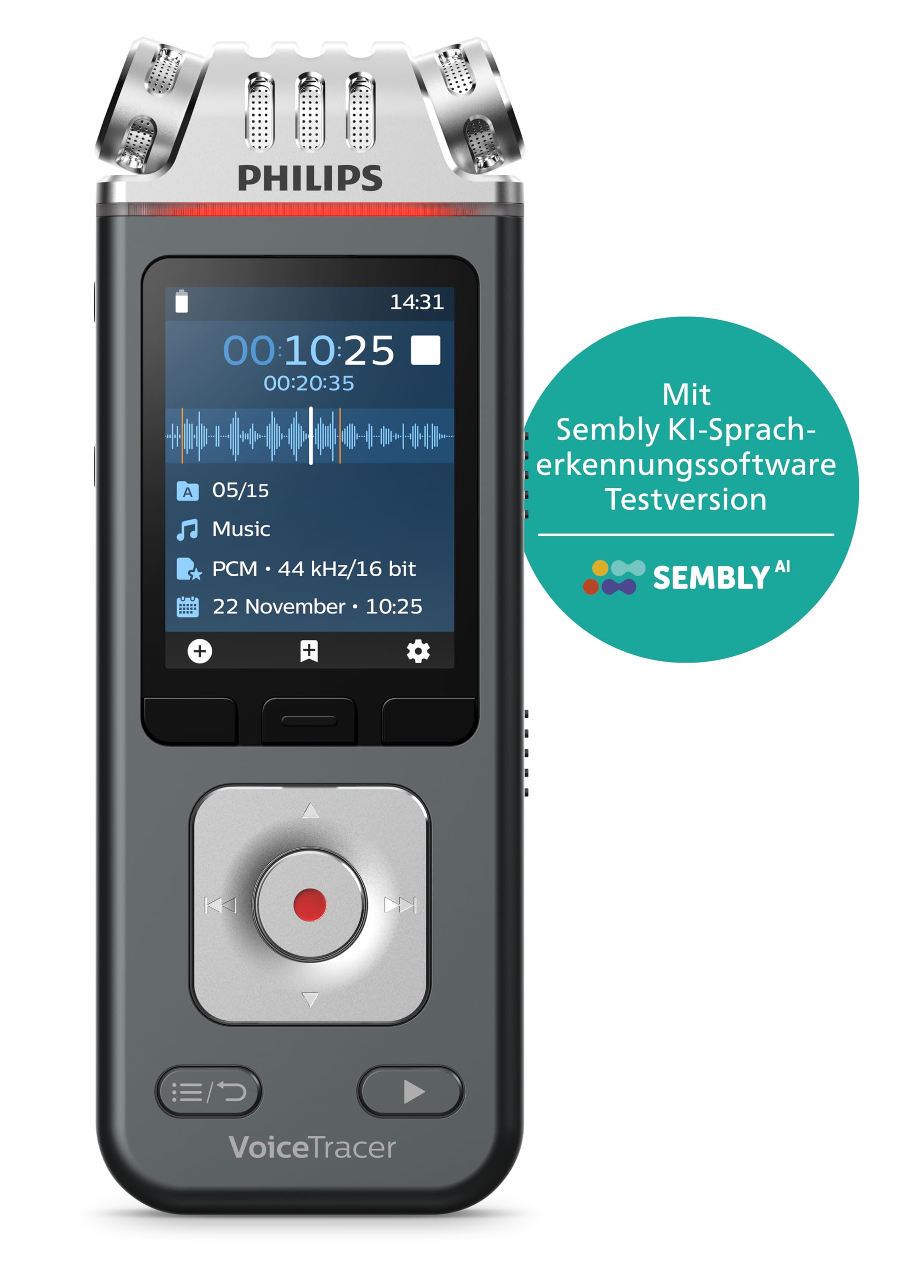 Philips DVT6115 VoiceTracer, Diktiergerät, Aufnahmegerät, 3 HiFi Mikrofone für Musikaufnahmen optimiert, inkl. Sembly AI-Testlizenz: Transkription & KI-Zusammenfassungen