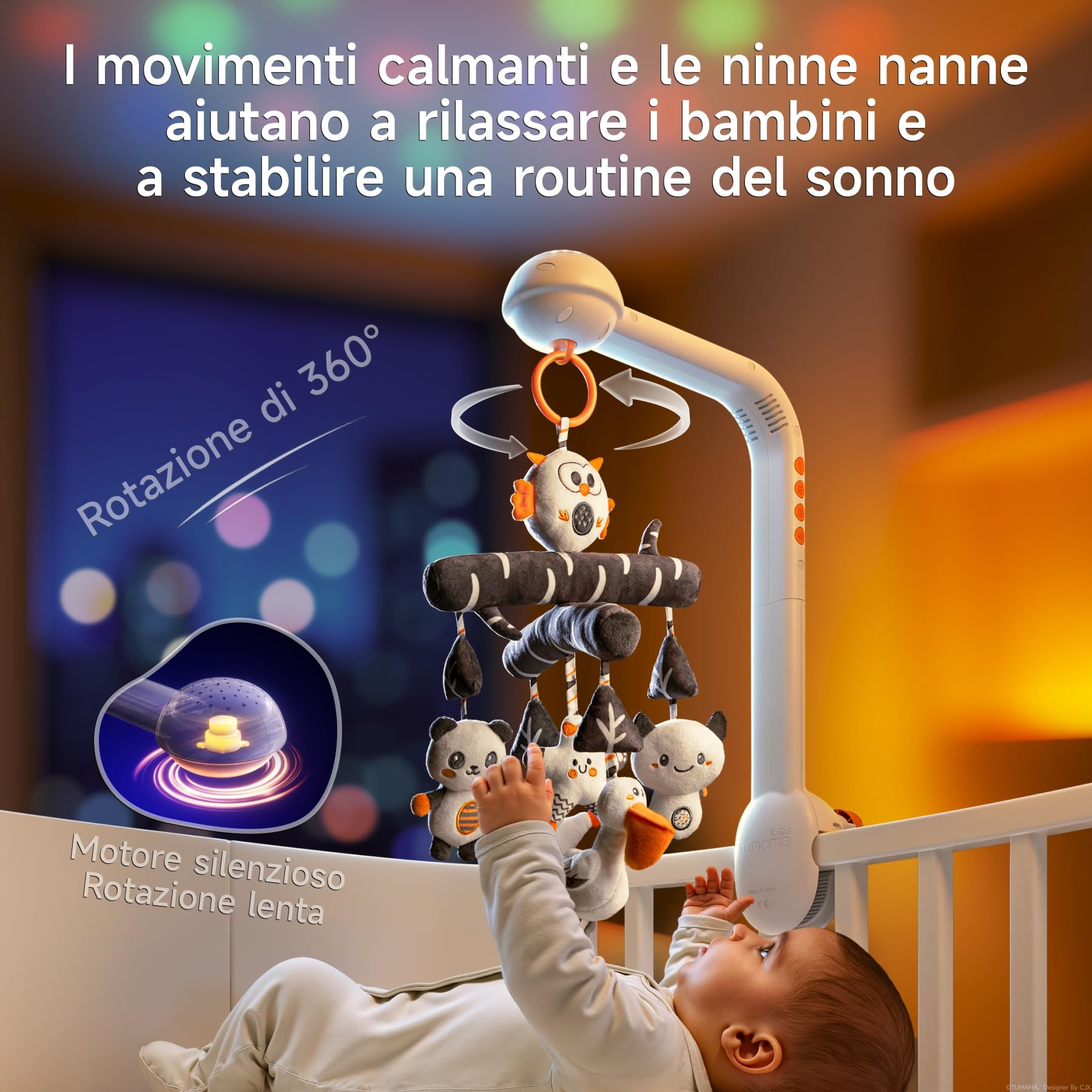 TUMAMA Giostrina Culla Neonato, 3 in 1 carillon giocattolo con Rimovibile Pendente, Proiezione Luce Notturna, Musica e Rumore Bianco, Baby Mobile Giocattoli per Neonati 0 2 3 6 Mesi Regalo di Natale