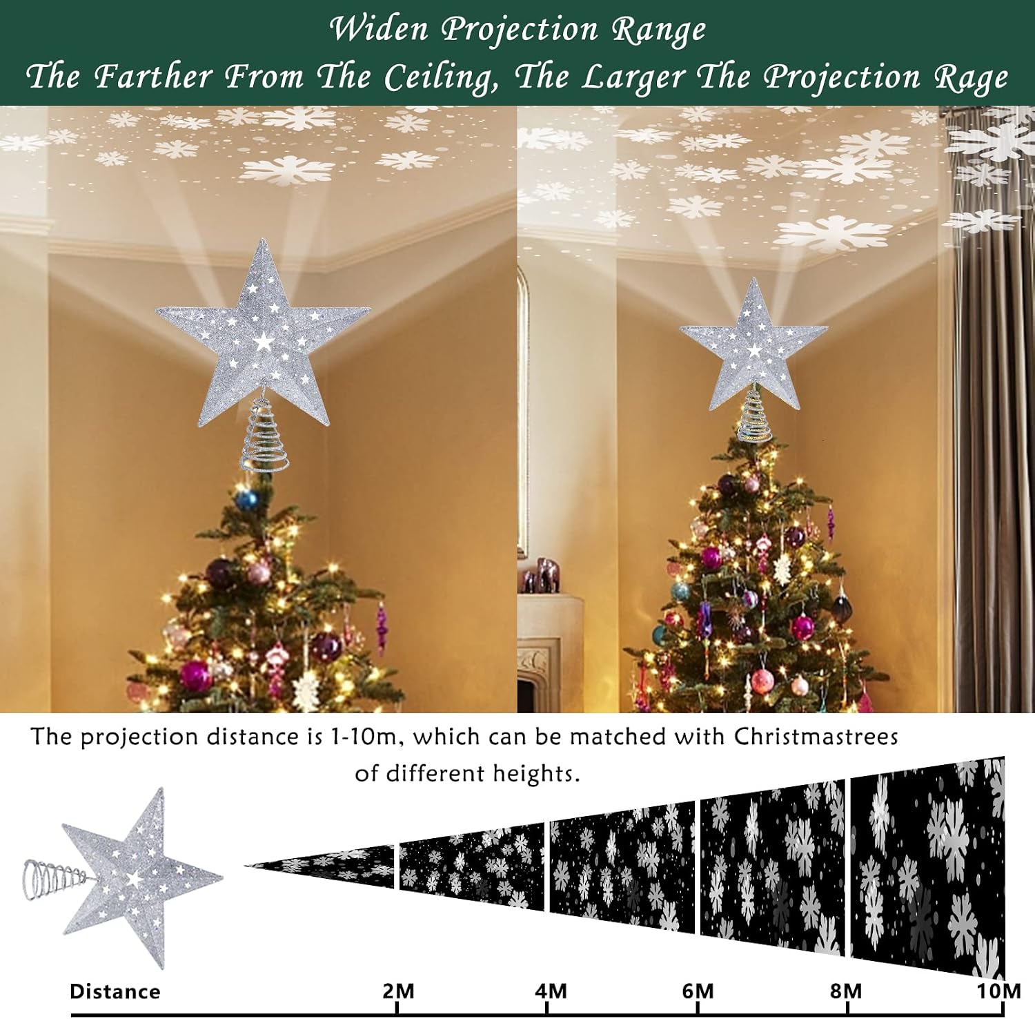 LAIWEN Christmas Tree Topper Lighted Star Topper with Rotating Snowflake LED Projector for Christmas Tree Decoration, 3D Hollow Silver Glitter Tree Toppers Christmas Decorations 11.3''
