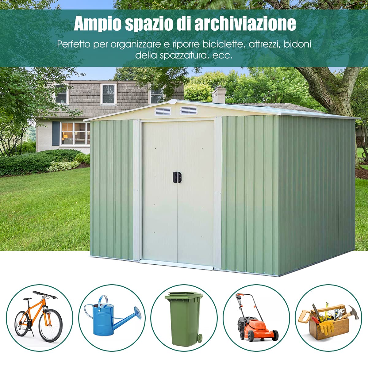 GYMAX Casetta da Giardino 4,75㎡ in Acciaio Zincat, Capanno Porta Attrezzi con 4 Feritoie, Doppie Porte Scorrevole e Rampa (4,75㎡/Verde)
