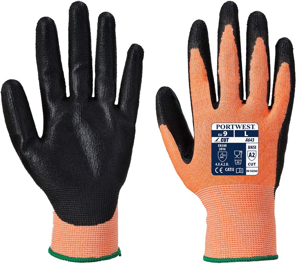Portwest Amber Cut Glove - Nitrile Safety Work Wear Protective Gloves Coated ANSI 105, Large
