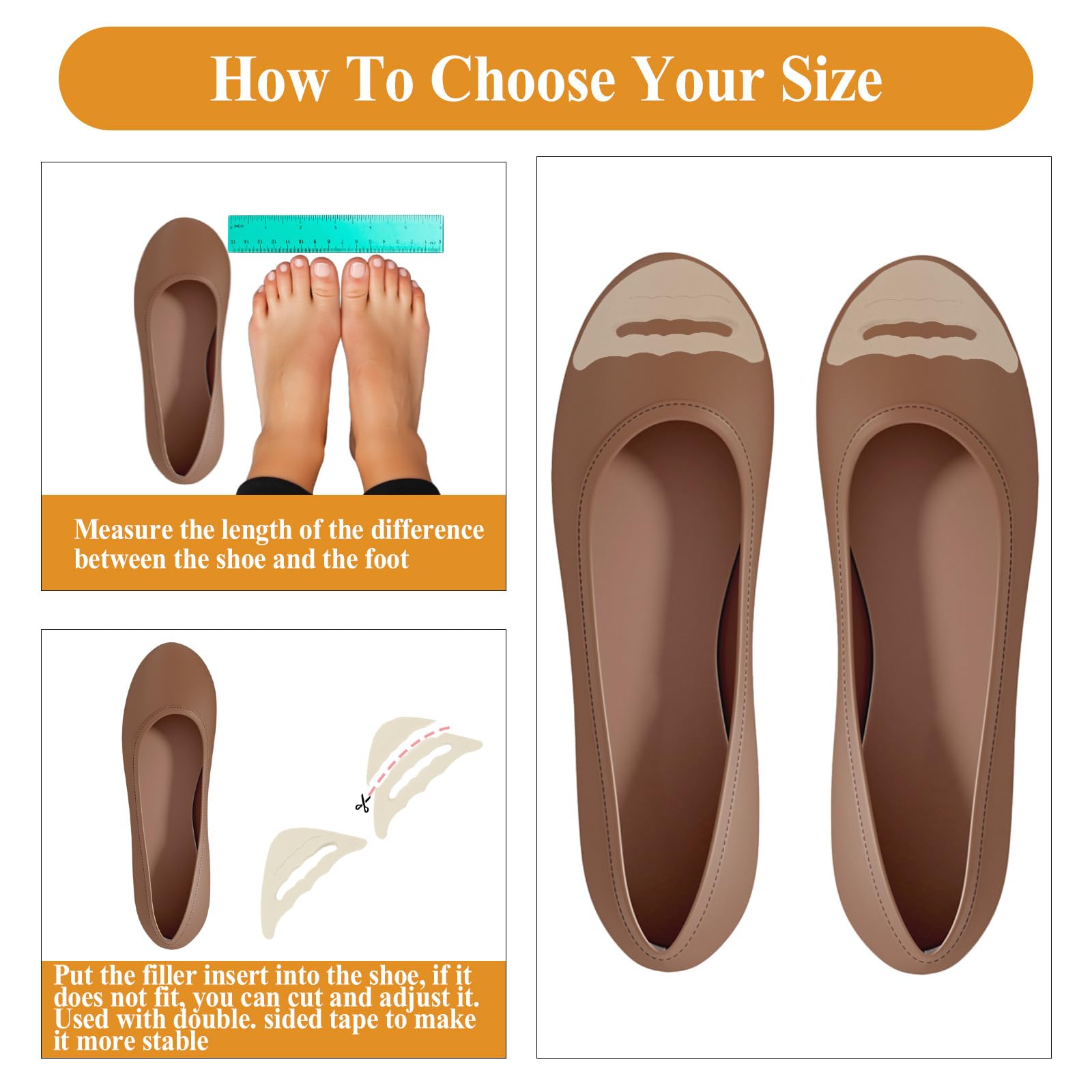 COMNICO Relleno de zapatos para zapatos demasiado grandes, 4 pares de rellenos de esponja suave para zapatos, transpirables, puntera grande, almohadillas reutilizables para el antepié para mujeres y