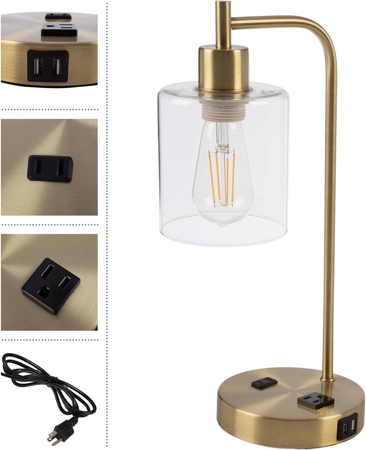 Lavish Home Table Lamp - Industrial Lamp with USB Charge Ports, Touch Control, and Edison Bulb - for Living Room, Office, or Bedroom Decor (Gold)