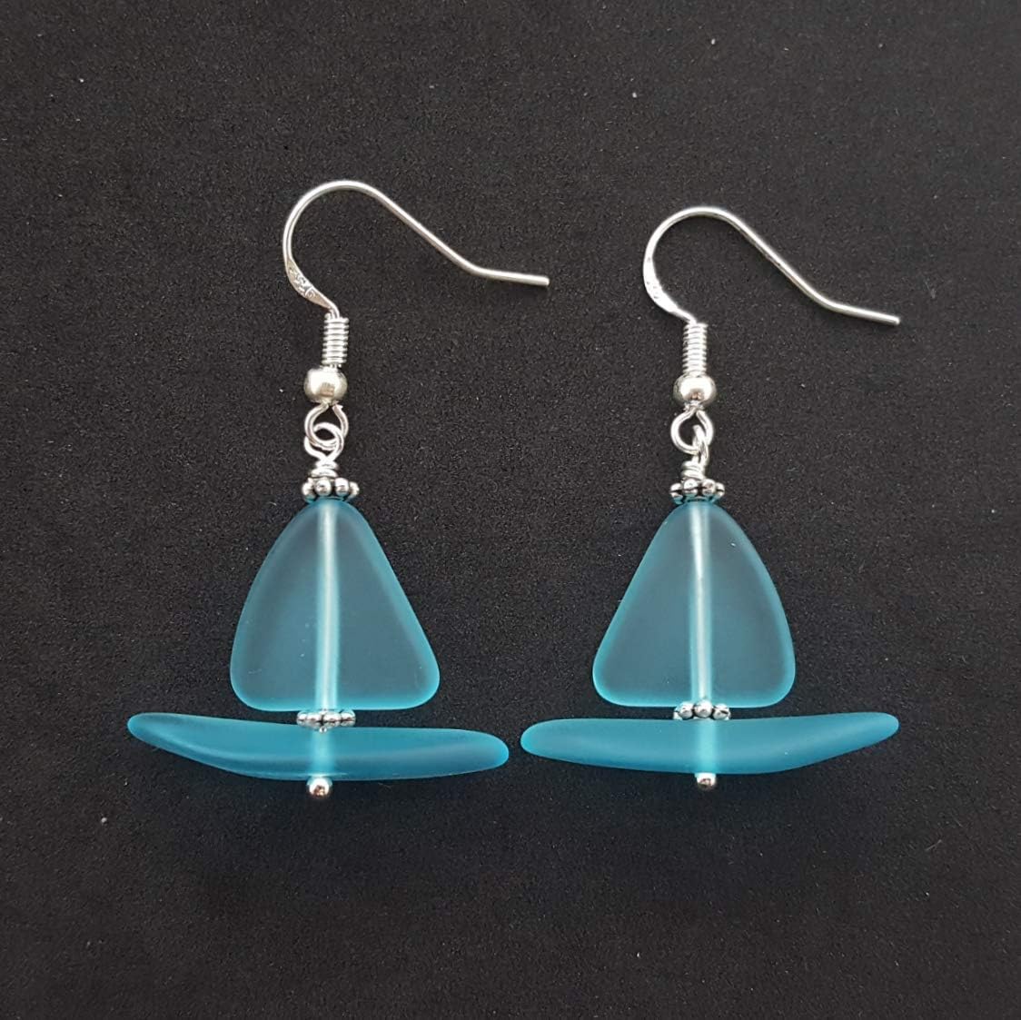 Sail to Hawaii, Handmade "SailBoat Earrings", blue sea glass, (Hawaii Gift Wrapped, Customizable Gift Message)