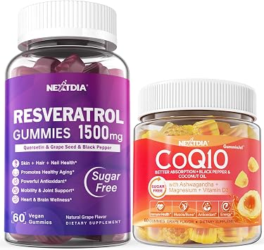 Nextdia Sugar Free Resveratrol Gummies 1500mg + CoQ10 200mg 100mg Filled Gummies with Magnesium Support Healthy Aging & Longevity