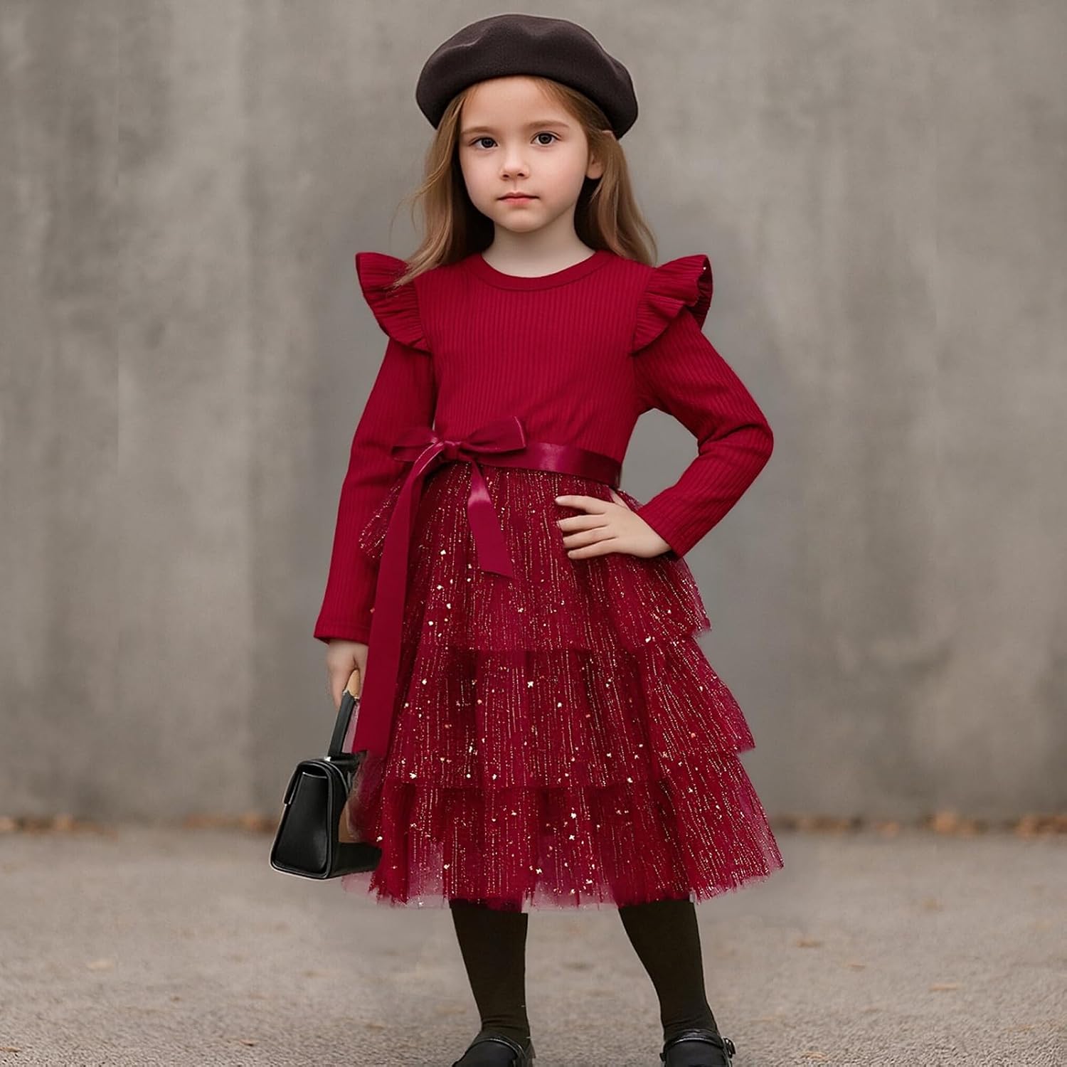 Toddler Dress Girls Ruffle Long Sleeve Layered Tulle Dress Fall Spring Fashion Party Dresses 2-6Y