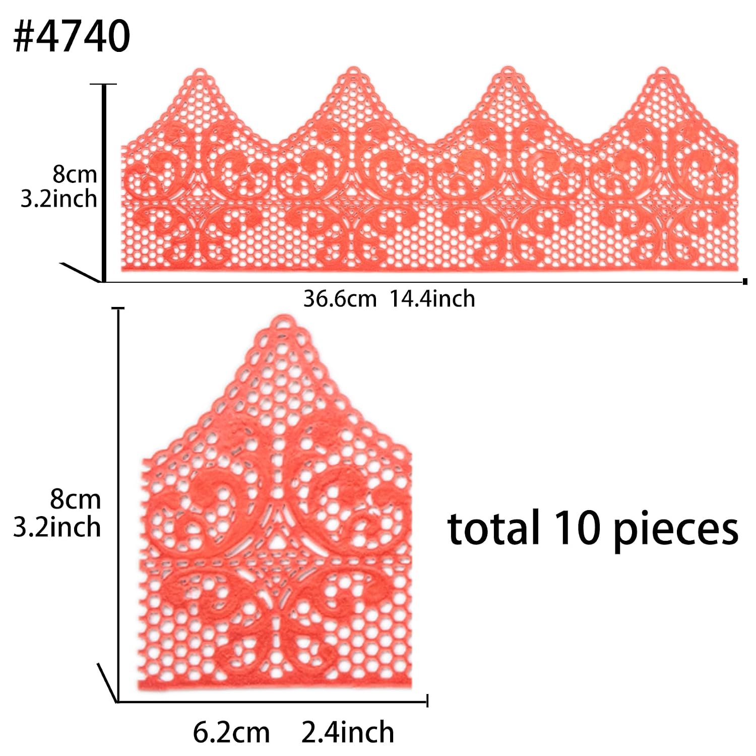 Large Pre-Made Ready to Use Edible Cake Lace Scallop Decoration Red 14-inch 10-Piece Set