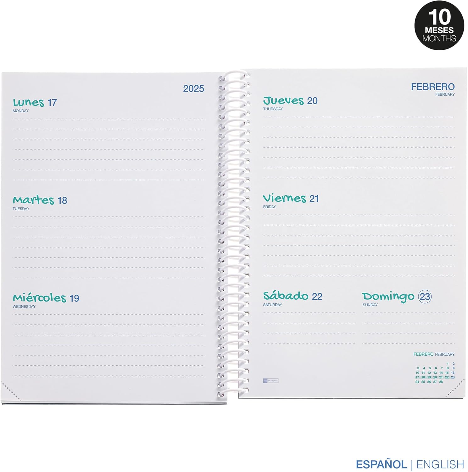 Miquelrius - School Diary 24-25, September 2024 to June 2025, Size 150 x 213 mm, Week View, Pink Plastic Spiral, Lined Cardboard Cover, Rubber Closure, Spanish and English, Disc