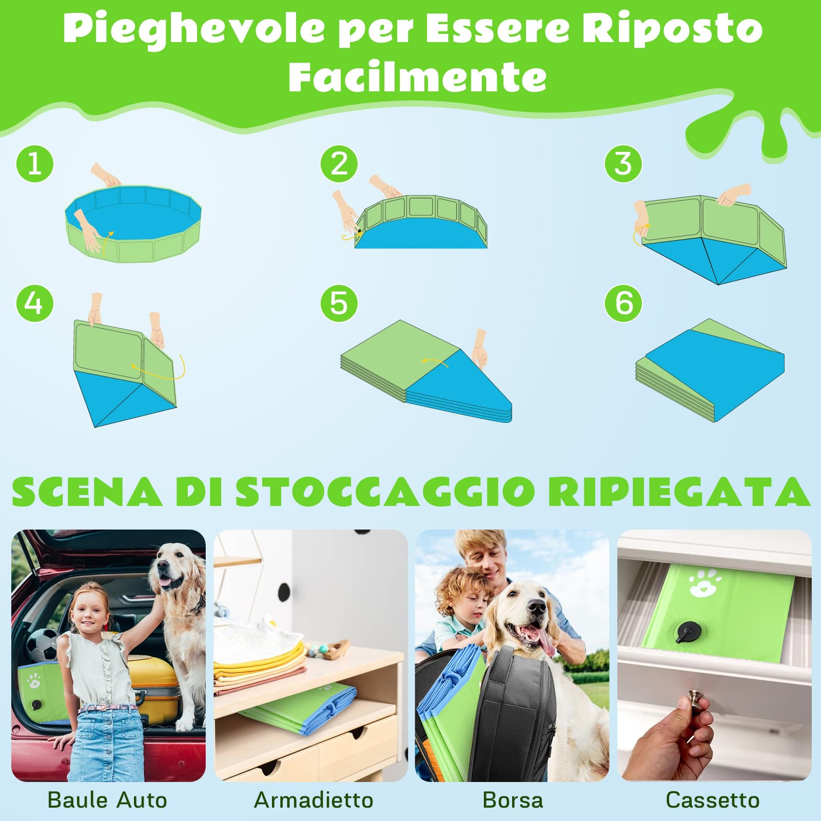 YIKANWEN Piscina per Cani Pieghevole, Piscina per Cani Grandi 120x30 cm in PVC, Piscina per Bambini Stabile e Antiscivolo, Piscina Cane Taglia Grande L, Verde, Rotonda