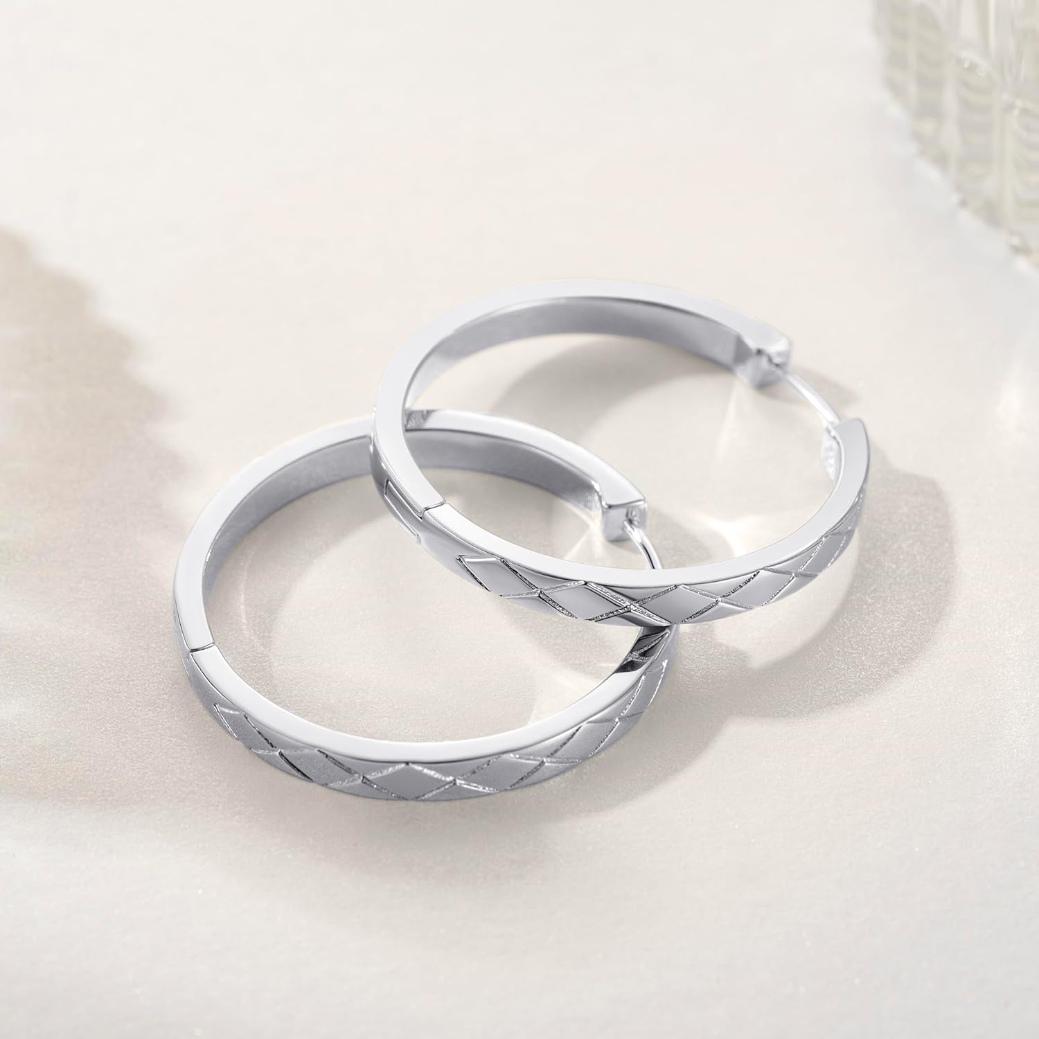 Sterling Silver Hoop Earrings for Women Silver Earrings Hoops Large Silver Huggie Hoop Earrings Unique Cross-cut Design 30MM*3.5MM