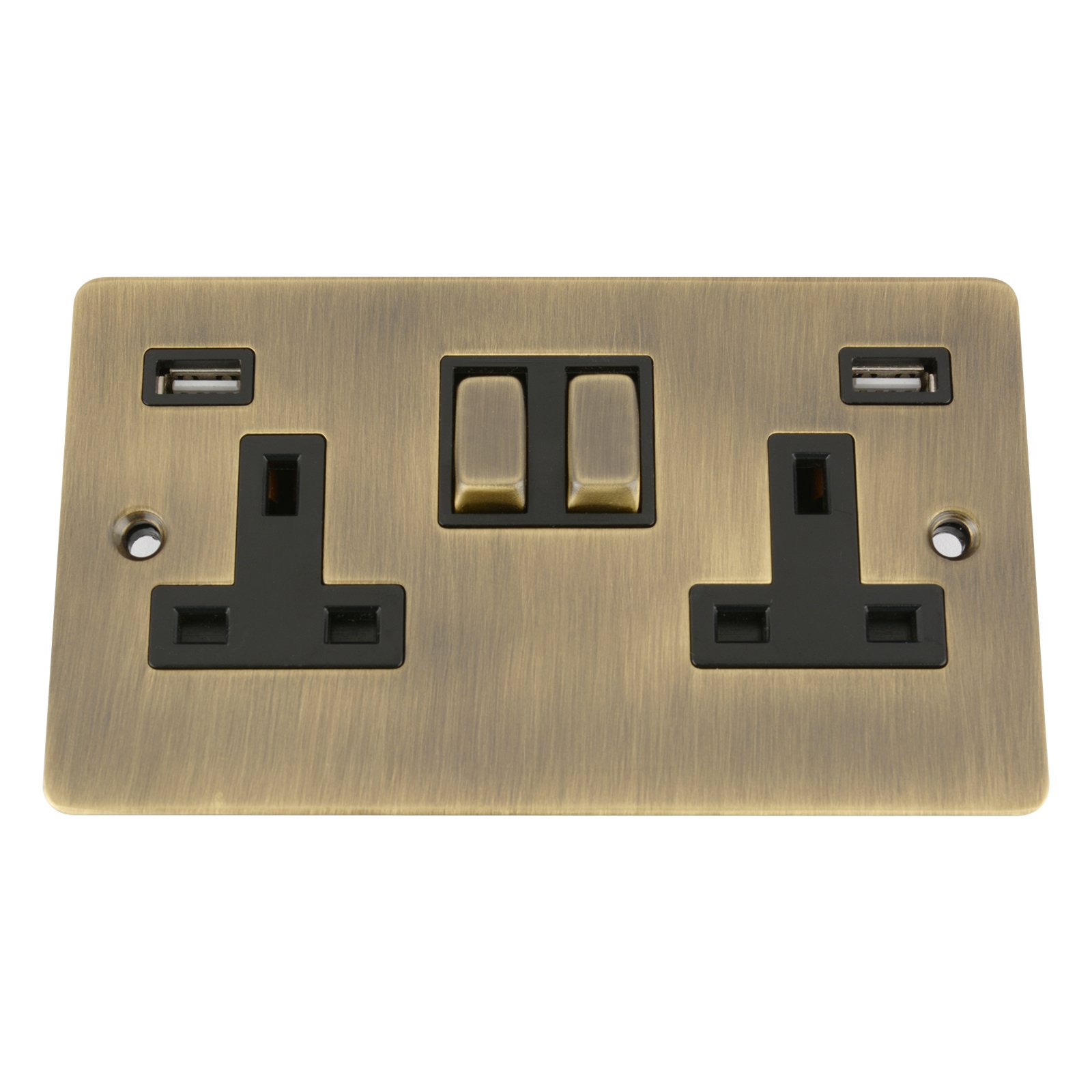 A5 Products Brass Antique Flat Usb Socket 2 Gang Black Insert Metal Rocker Switch (2100Ma)