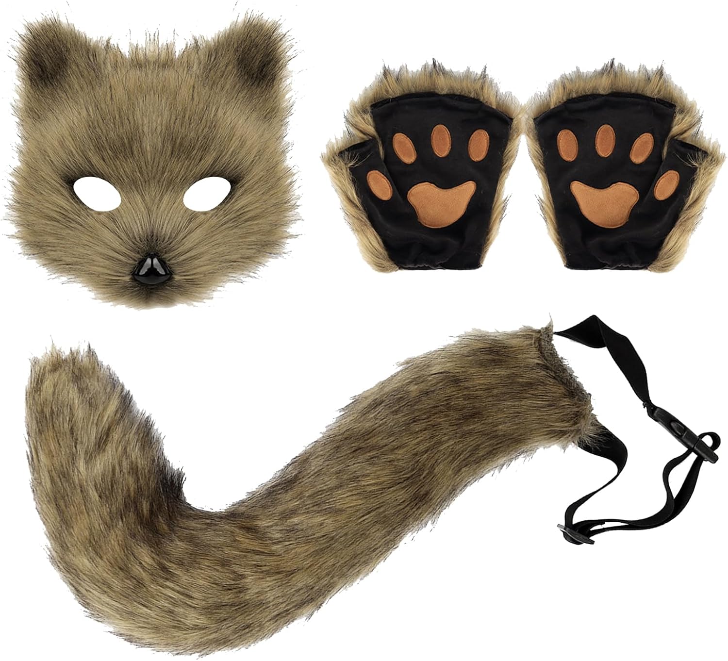 4 Pcs Faux Fur Cat Fox Mask Tail and Paw Set for Adults Men Women, Therian Mask Paws and Tail Set, Plush Masks Fluffy Paw Gloves for Halloween Christmas Party, Grassyellow